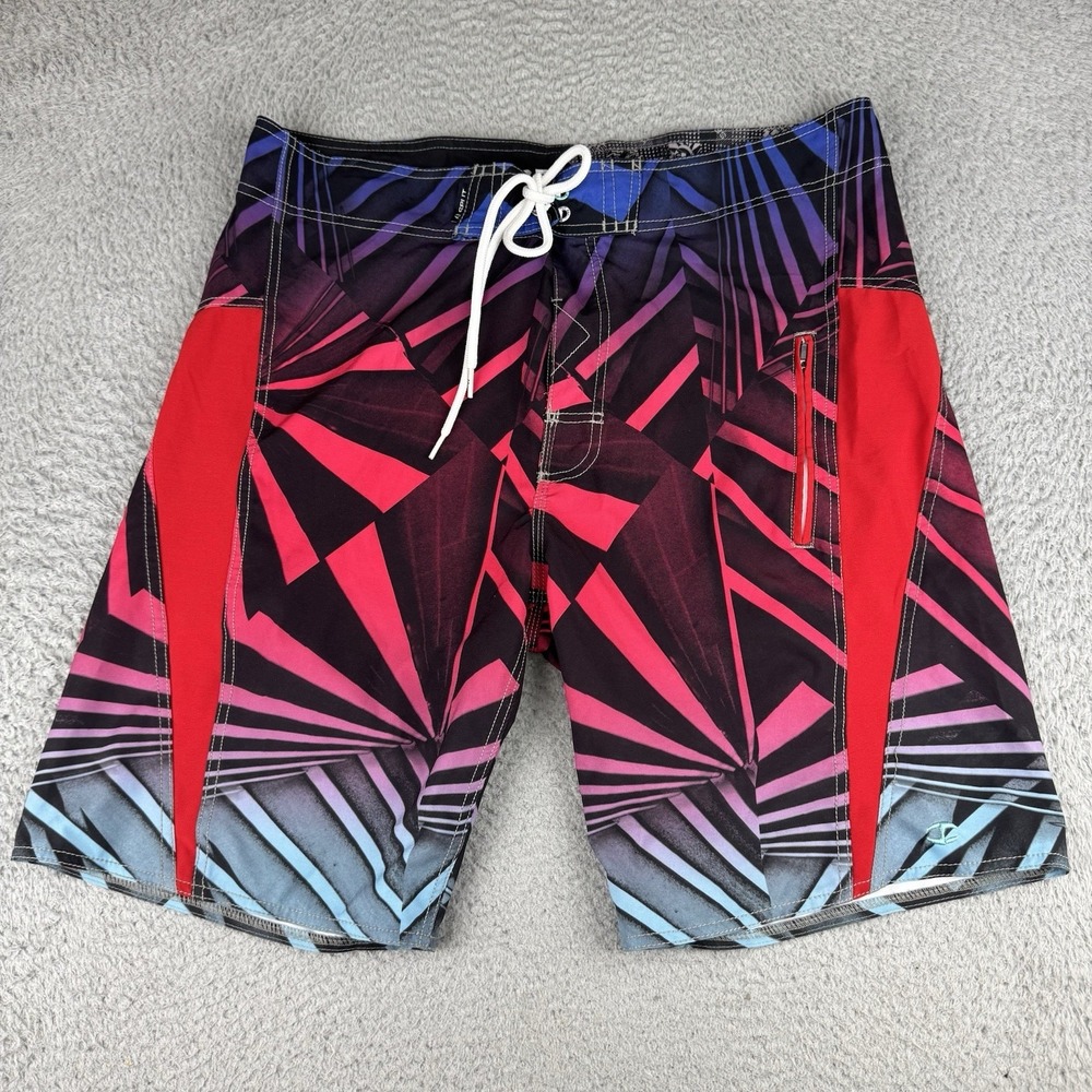 Vintage Split Y2K Surf Colorful Board Shorts Drawstring Abstract Mens 36